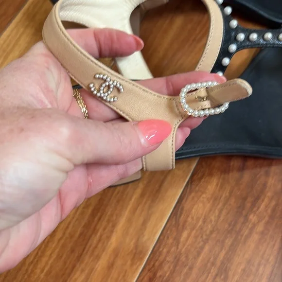 Chanel Black and Tan with pearls Women's Sandals - Picture 9 of 12
